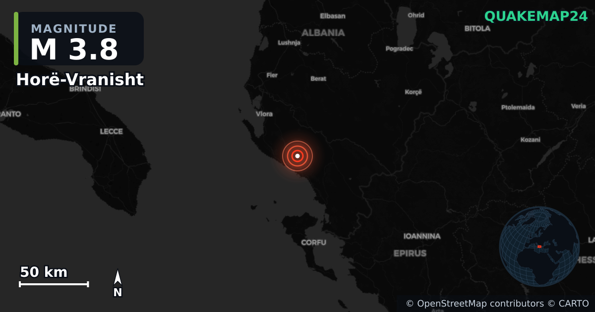 M3.8 earthquake near Horë-Vranisht on Jun 19, 2026 — map of epicenter and shaking intensity | QuakeMap24