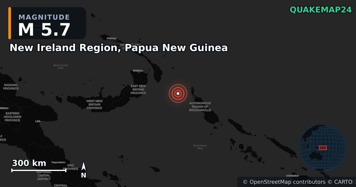M5.7 earthquake near New Ireland Region, Papua New Guinea on Sep 16, 2025 — map of epicenter and shaking intensity | QuakeMap24