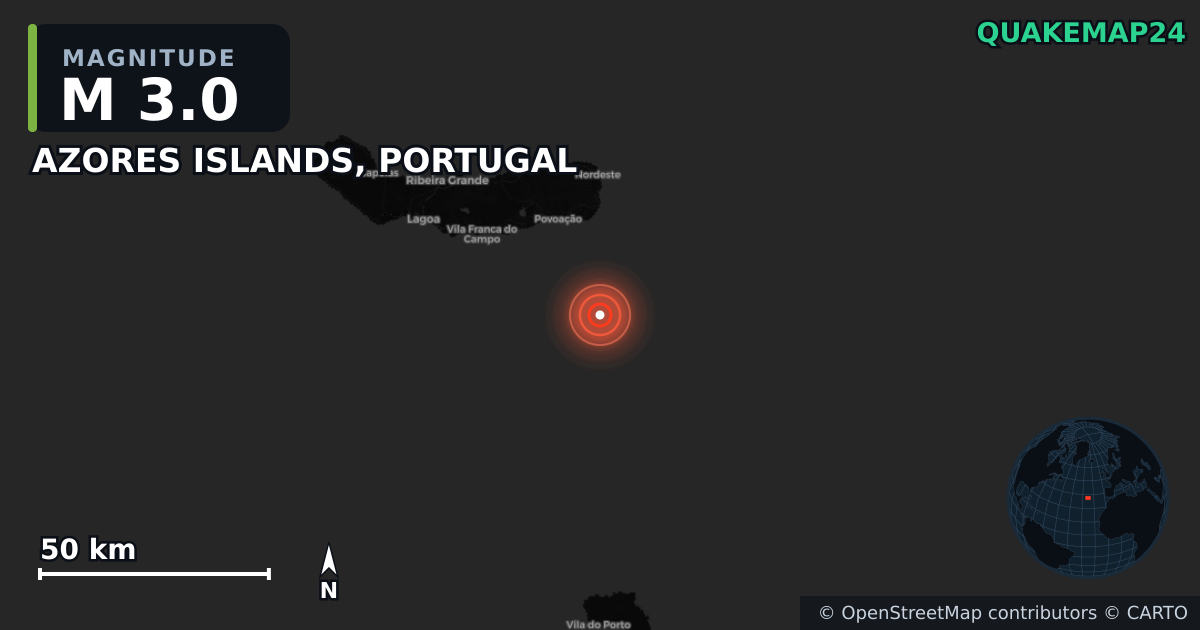 M3.0 earthquake near AZORES ISLANDS, PORTUGAL on Nov 22, 2025 — map of epicenter and shaking intensity | QuakeMap24