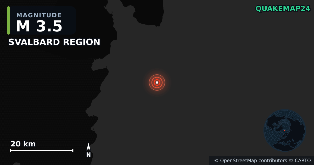 M3.5 earthquake near SVALBARD REGION on Oct 29, 2025 — map of epicenter and shaking intensity | QuakeMap24