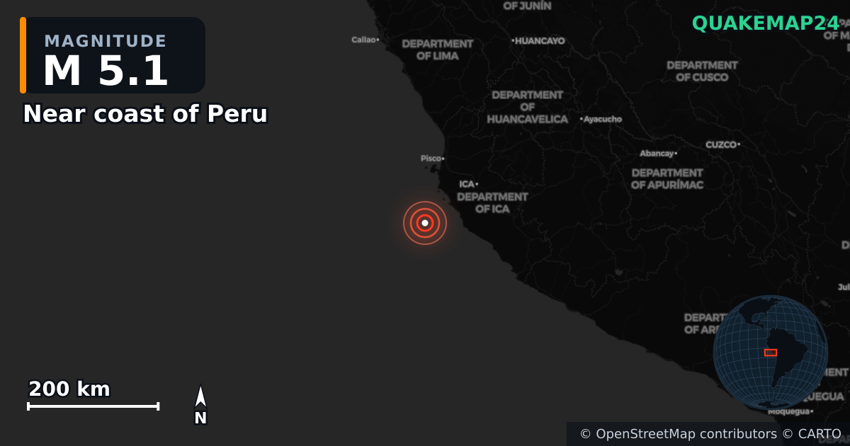 M5.1 earthquake near Near coast of Peru on Apr 16, 2026 — map of epicenter and shaking intensity | QuakeMap24