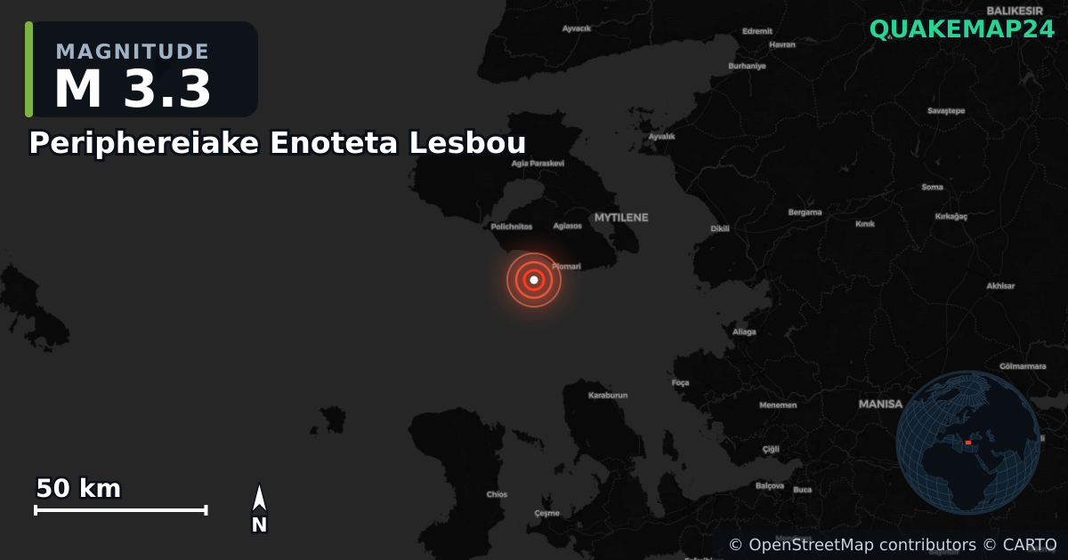 M3.3 earthquake near Periphereiake Enoteta Lesbou on Oct 8, 2025 — map of epicenter and shaking intensity | QuakeMap24