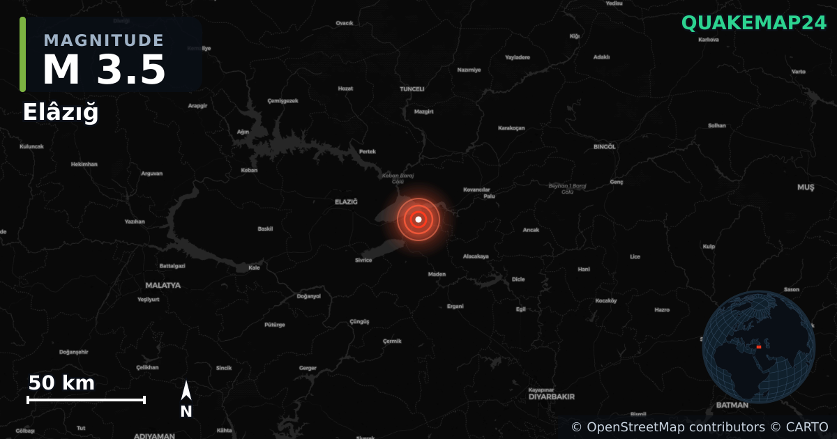 M3.5 earthquake near Elâzığ on Jul 27, 2026 — map of epicenter and shaking intensity | QuakeMap24
