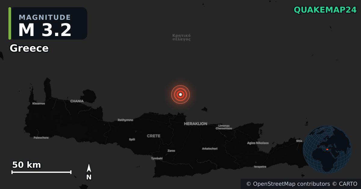 M3.2 earthquake near Greece on Jun 14, 2026 — map of epicenter and shaking intensity | QuakeMap24