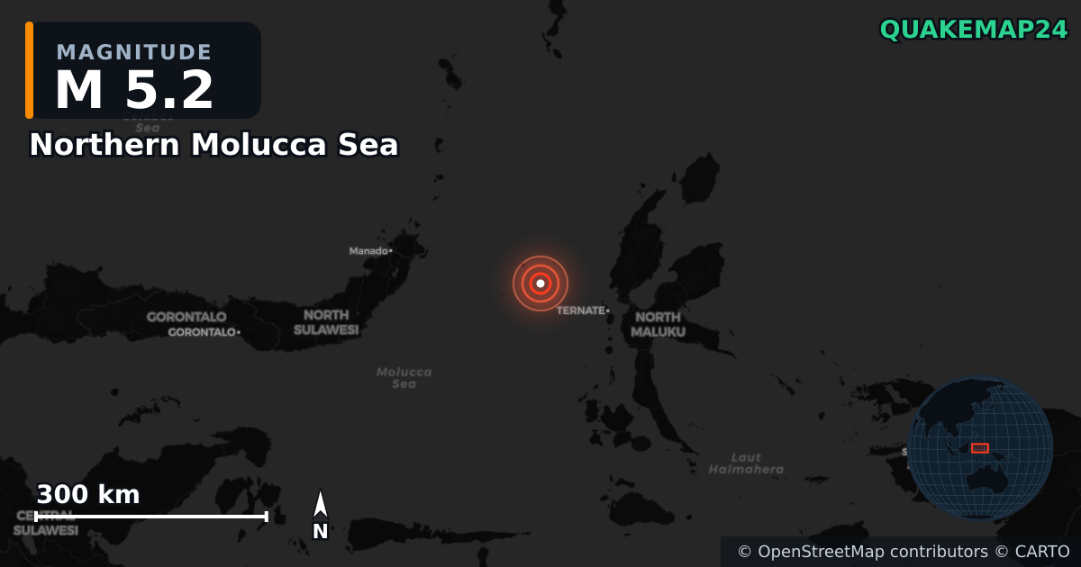 Erdbeben M5,2 bei Northern Molucca Sea — Karte der Lage des Epizentrums
