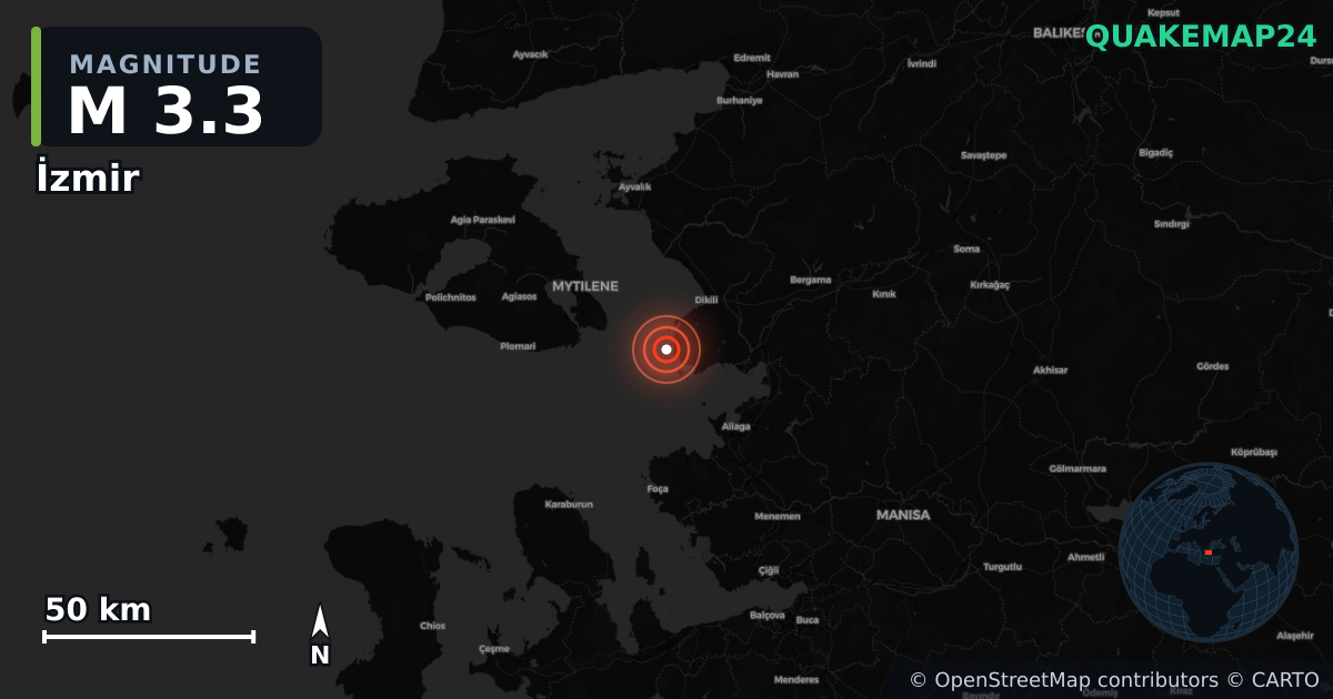 M3.3 earthquake near İzmir on Sep 28, 2025 — map of epicenter and shaking intensity | QuakeMap24