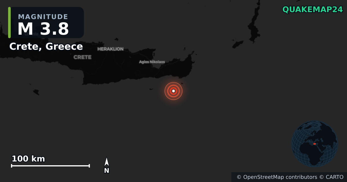 M3.8 earthquake near Crete, Greece on Apr 26, 2026 — map of epicenter and shaking intensity | QuakeMap24