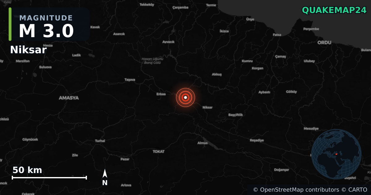 M3.0 earthquake near Niksar on Mar 17, 2026 — map of epicenter and shaking intensity | QuakeMap24