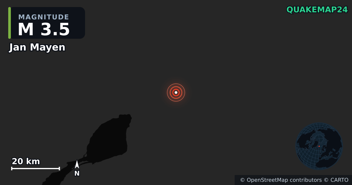 M3.5 earthquake near Jan Mayen on Jul 9, 2026 — map of epicenter and shaking intensity | QuakeMap24