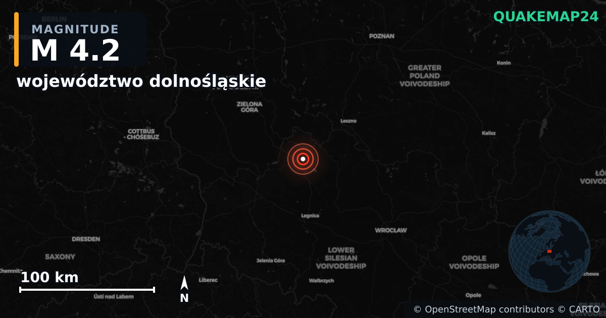 M4.2 earthquake near województwo dolnośląskie on Dec 3, 2025 — map of epicenter and shaking intensity | QuakeMap24