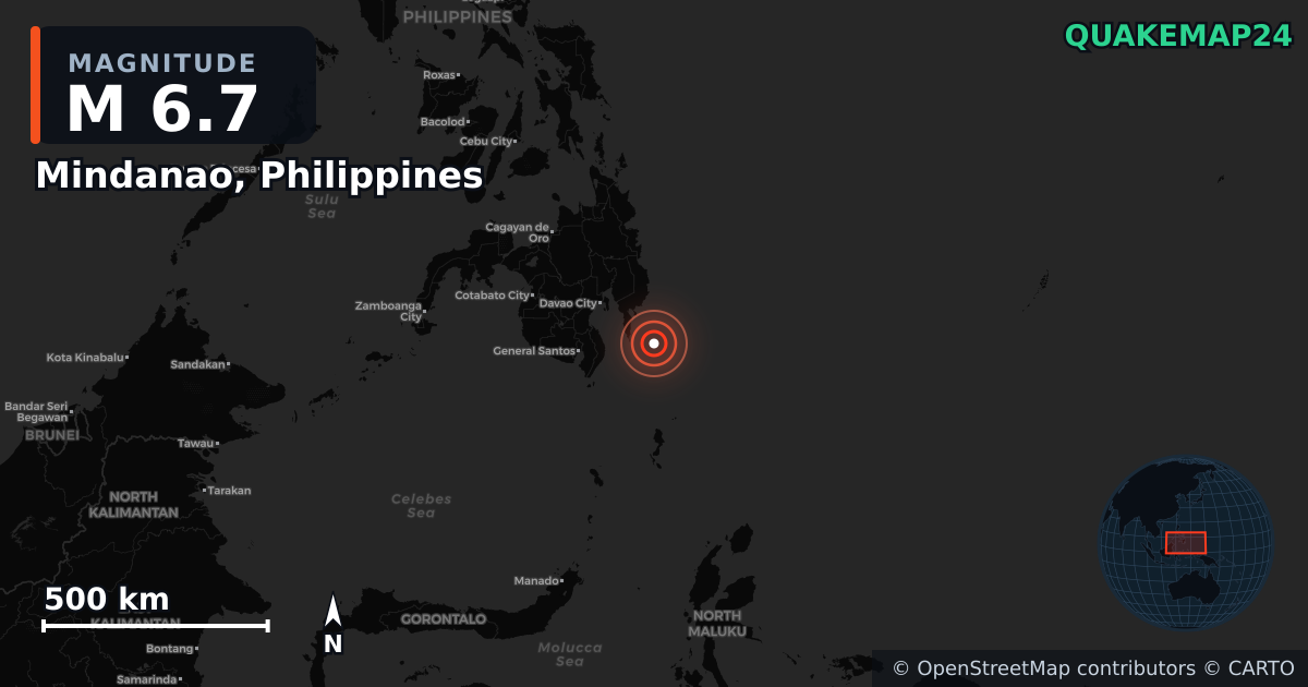M6.7 Earthquake near Mindanao, Philippines · 2026-06-15 — Map showing the location of the epicenter