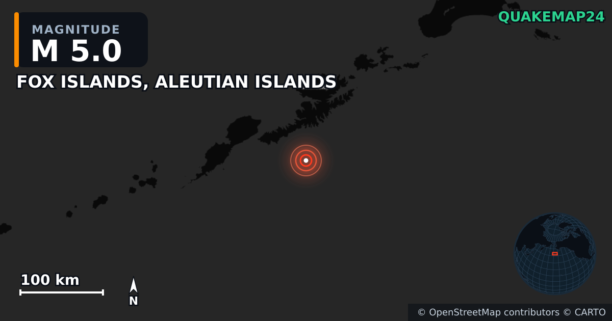 Sismo de M5,0 perto de FOX ISLANDS, ALEUTIAN ISLANDS — Mapa da localização do epicentro