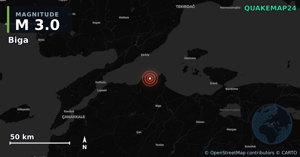 M3.0 earthquake near Biga on Oct 4, 2025 — map of epicenter and shaking intensity | QuakeMap24