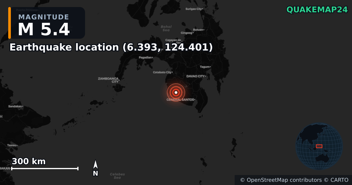 M5.4 earthquake near Deprem konumu (6.393, 124.401) on Jun 9, 2025 — map of epicenter and shaking intensity | QuakeMap24