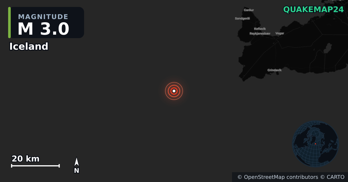 M3.0 earthquake near Iceland on Jun 20, 2026 — map of epicenter and shaking intensity | QuakeMap24