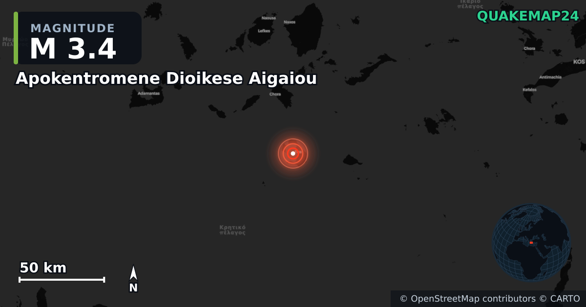 M3.4 earthquake near Apokentromene Dioikese Aigaiou on Oct 21, 2025 — map of epicenter and shaking intensity | QuakeMap24