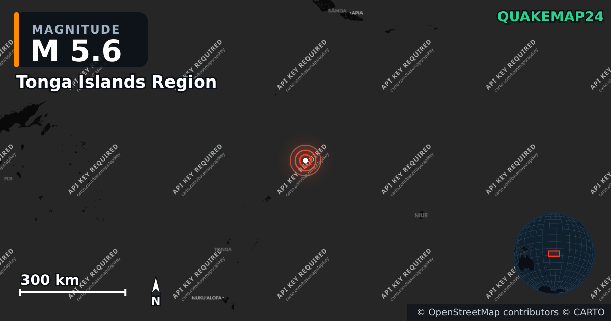 M5.6 earthquake near Tonga Islands Region on May 26, 2026 — map of epicenter and shaking intensity | QuakeMap24
