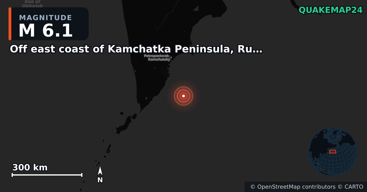 M6.1 earthquake near Off east coast of Kamchatka Peninsula, Russia [Sea: Russia] on Mar 8, 2026 — map of epicenter and shaking intensity | QuakeMap24