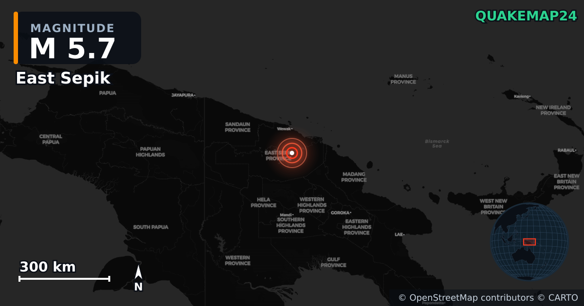 M5.7 earthquake near East Sepik on Jul 24, 2025 — map of epicenter and shaking intensity | QuakeMap24
