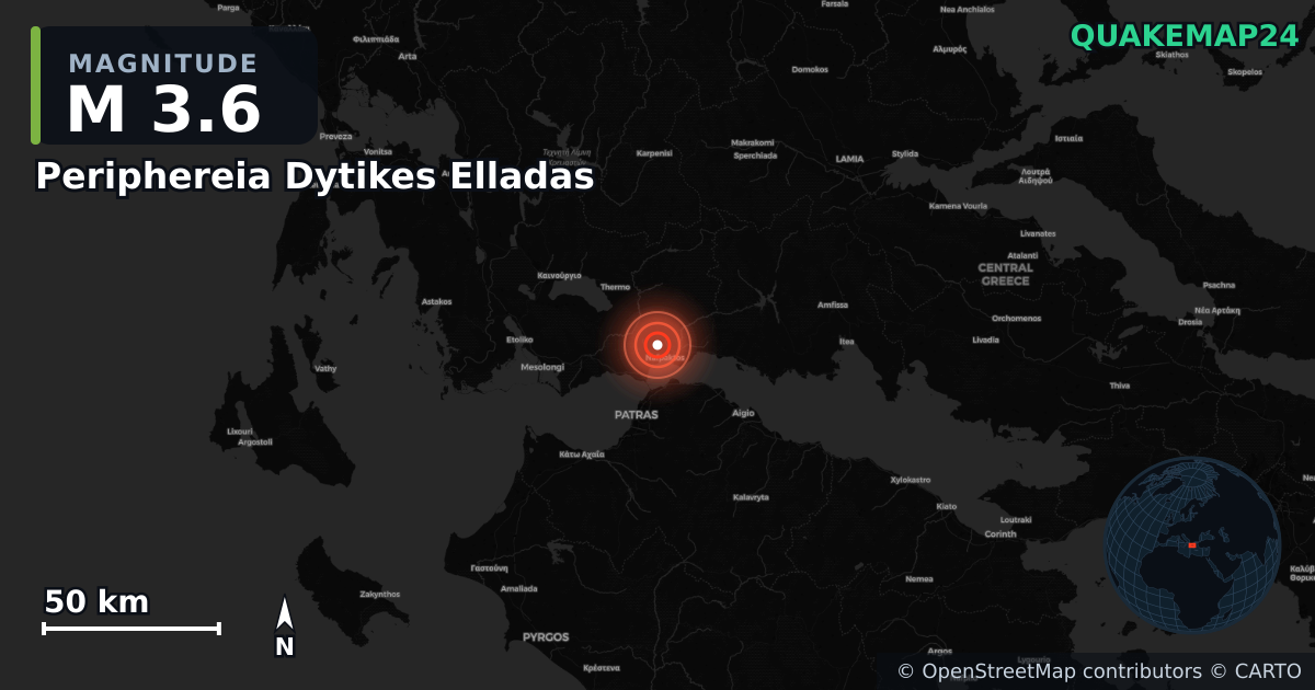 M3.6 earthquake near Periphereia Dytikes Elladas on Apr 10, 2026 — map of epicenter and shaking intensity | QuakeMap24