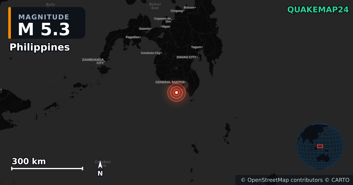 M5.3 earthquake near Philippines on Jun 8, 2026 — map of epicenter and shaking intensity | QuakeMap24