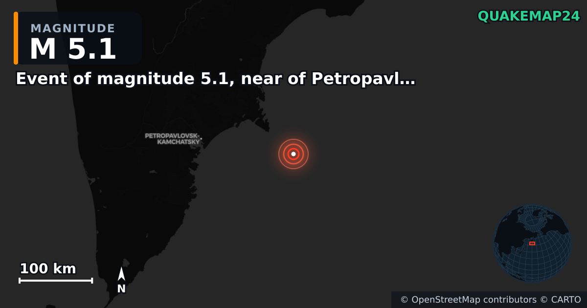 M5.1 earthquake near Event of magnitude 5.1, near of Petropavlovsk Kamchatskiy (Monde) on Sep 19, 2025 — map of epicenter and shaking intensity | QuakeMap24