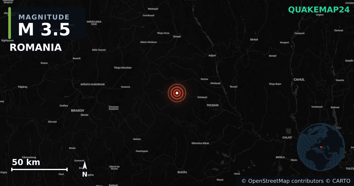 M3.5 earthquake near ROMANIA on Oct 24, 2025 — map of epicenter and shaking intensity | QuakeMap24