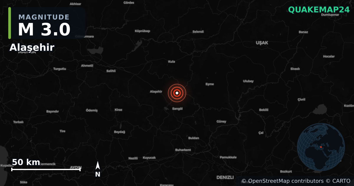 M3.0 earthquake near Alaşehir on Oct 5, 2025 — map of epicenter and shaking intensity | QuakeMap24