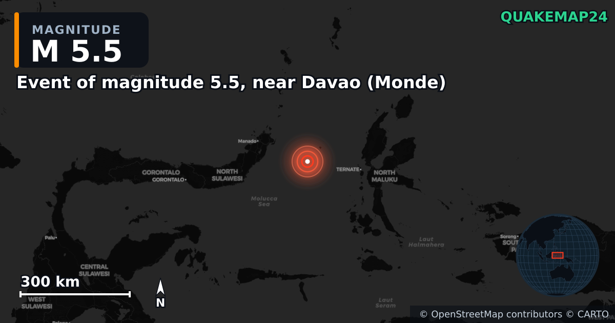 M5.5 earthquake near Event of magnitude 5.5, near Davao (Monde) on May 22, 2026 — map of epicenter and shaking intensity | QuakeMap24