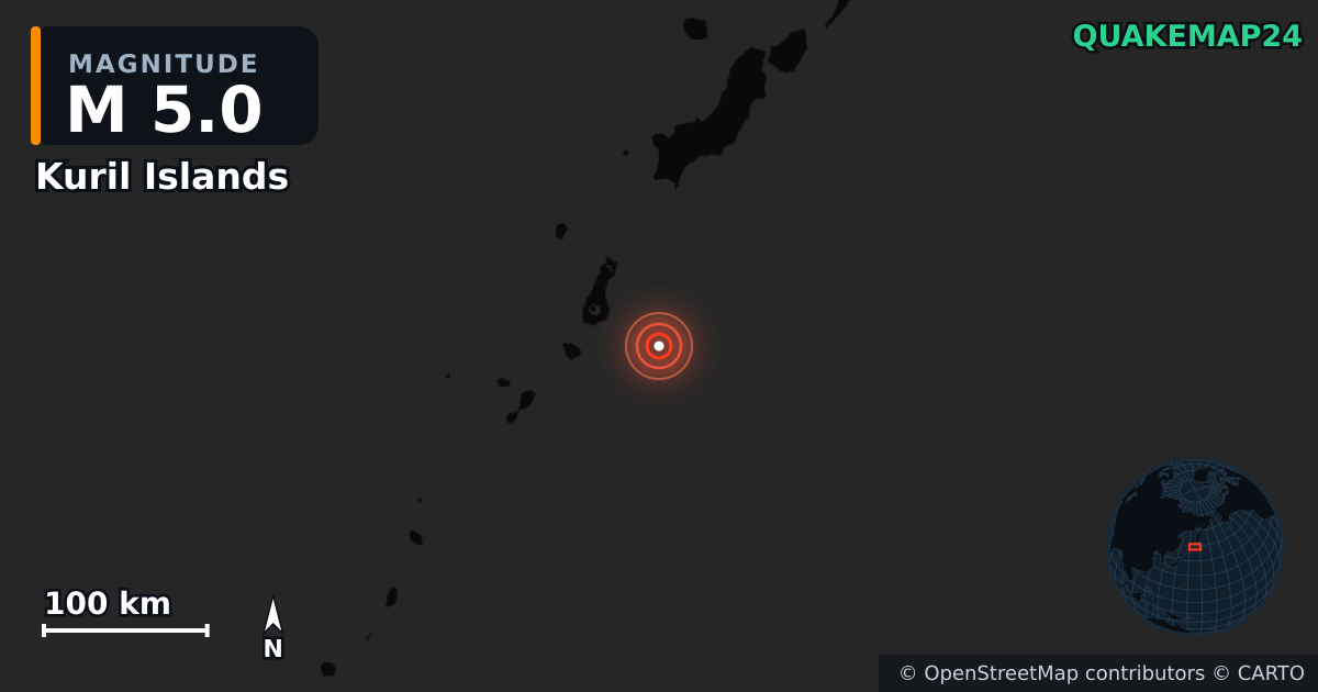 M5.0 earthquake near Kuril Islands on Aug 18, 2025 — map of epicenter and shaking intensity | QuakeMap24