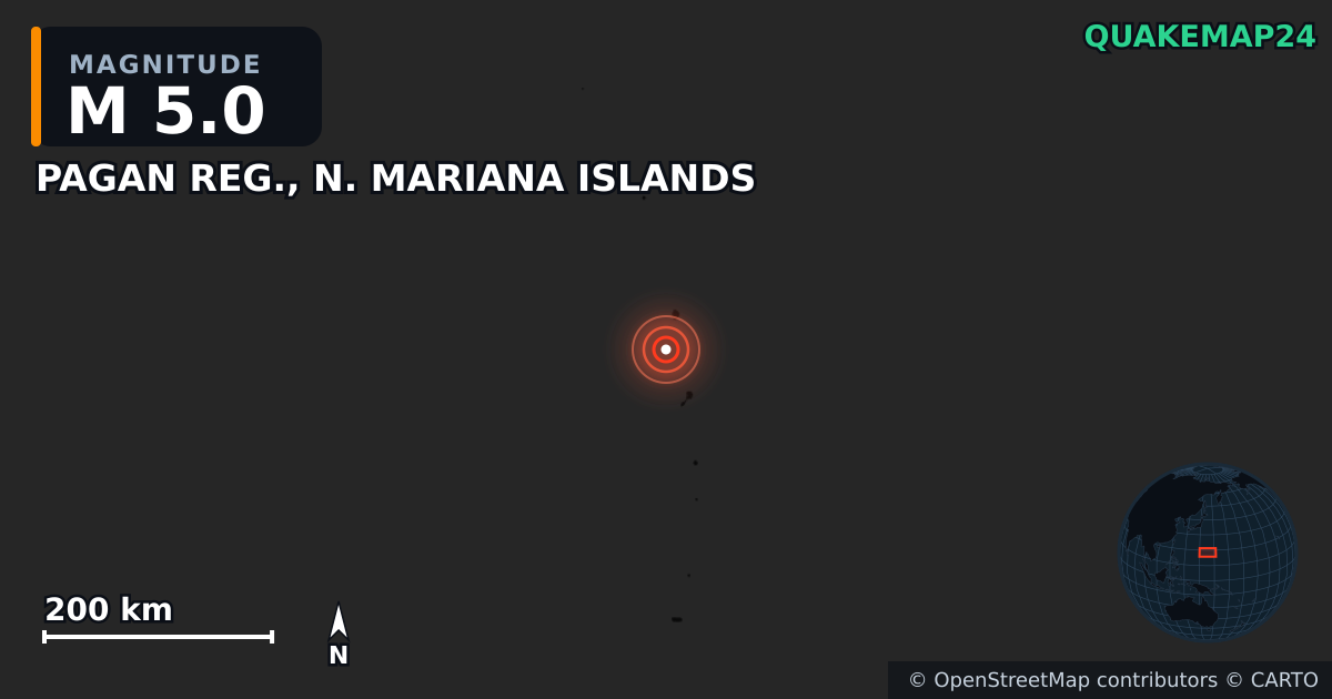 M5.0 earthquake near PAGAN REG., N. MARIANA ISLANDS on Apr 12, 2026 — map of epicenter and shaking intensity | QuakeMap24