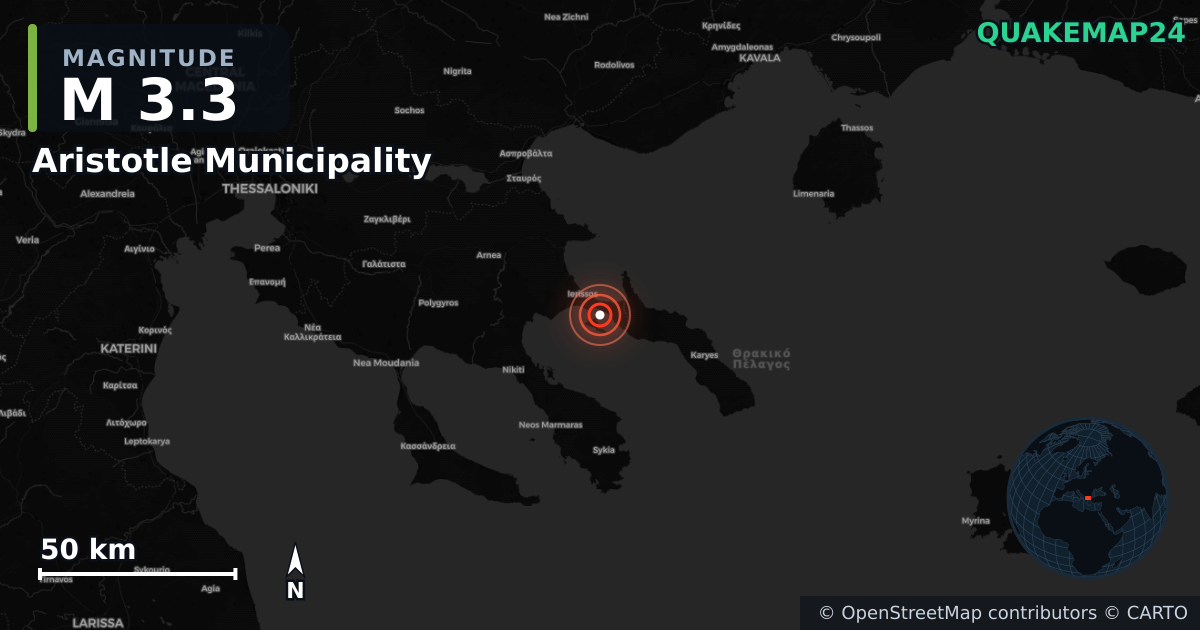 M3.3 earthquake near Aristotle Municipality on May 25, 2026 — map of epicenter and shaking intensity | QuakeMap24