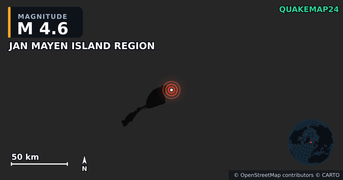 M4.6 earthquake near JAN MAYEN ISLAND REGION on Oct 5, 2025 — map of epicenter and shaking intensity | QuakeMap24