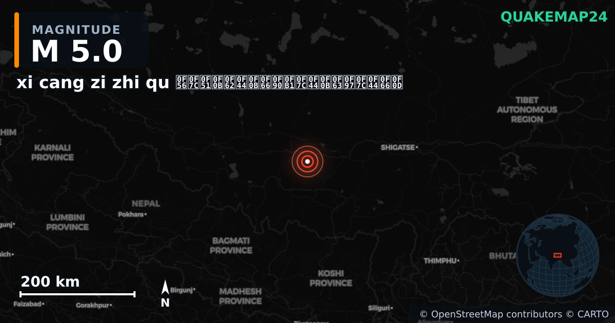 M5.0 earthquake near xi cang zi zhi qu བོད་རང་སྐྱོང་ལྗོངས། on Sep 12, 2025 — map of epicenter and shaking intensity | QuakeMap24