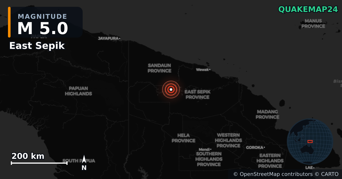 M5.0 earthquake near East Sepik on Sep 24, 2025 — map of epicenter and shaking intensity | QuakeMap24
