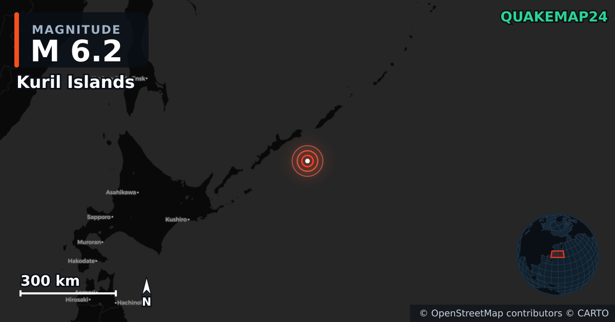 M6.2 earthquake near Kuril Islands on Jan 13, 2026 — map of epicenter and shaking intensity | QuakeMap24