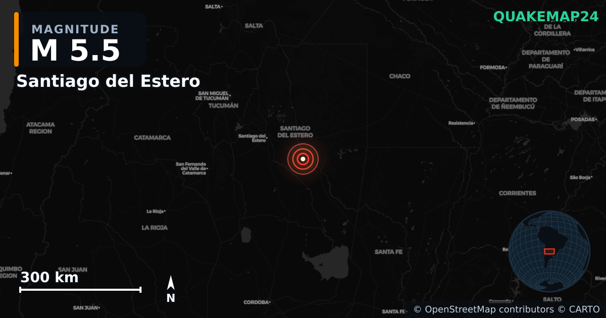 M5.5 earthquake near Santiago del Estero on Dec 27, 2025 — map of epicenter and shaking intensity | QuakeMap24