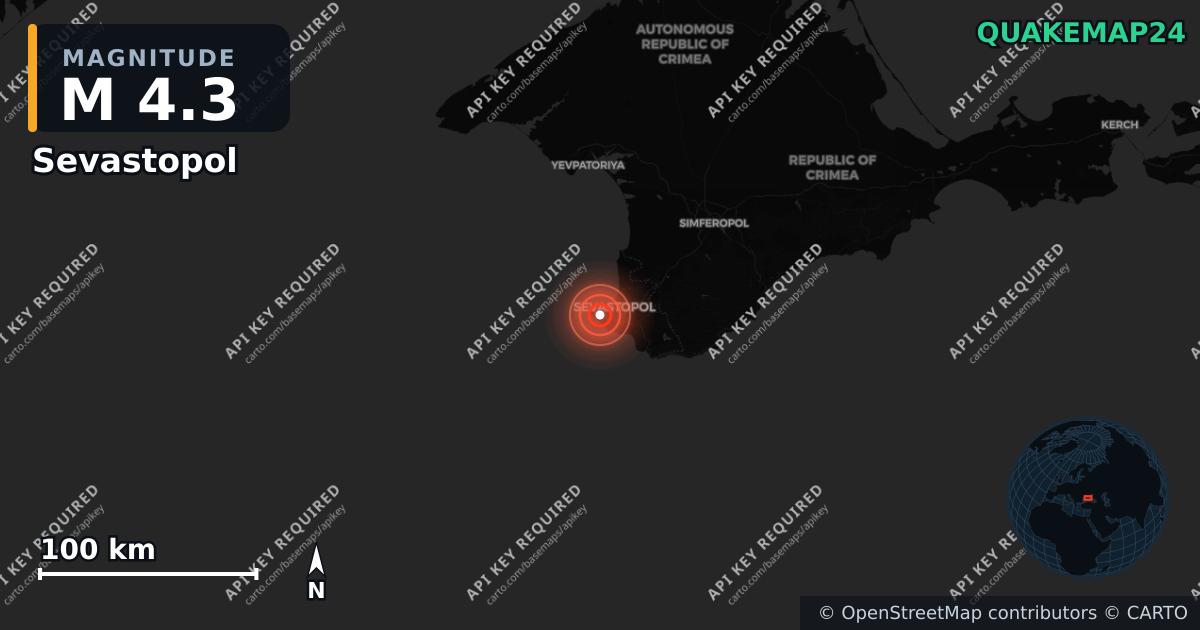 M4.3 earthquake near Sevastopol on Jun 22, 2026 — map of epicenter and shaking intensity | QuakeMap24
