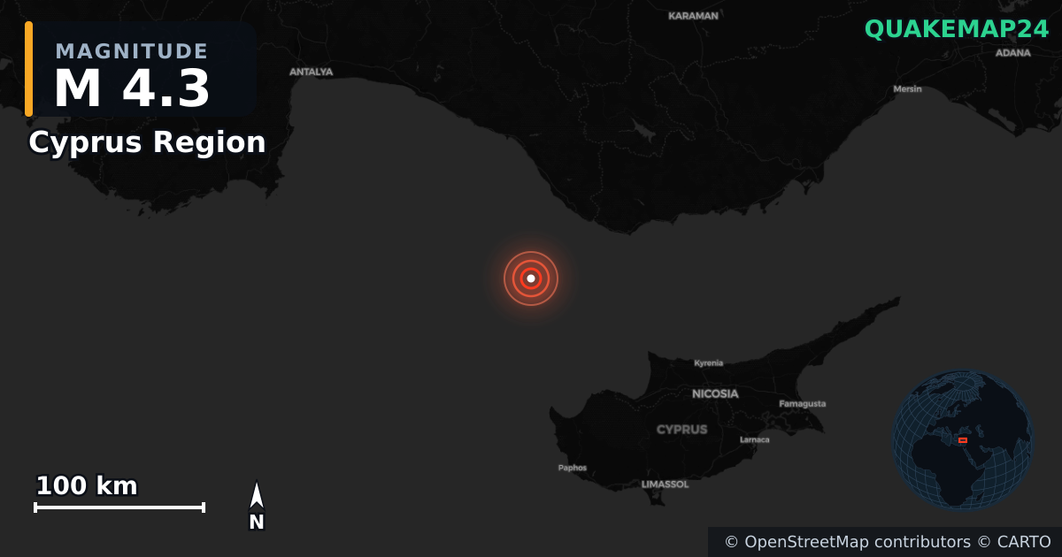 M4.3 earthquake near Cyprus Region on Jun 5, 2025 — map of epicenter and shaking intensity | QuakeMap24