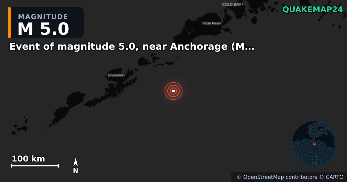 M5.0 earthquake near Event of magnitude 5.0, near Anchorage (Monde) on Apr 25, 2026 — map of epicenter and shaking intensity | QuakeMap24