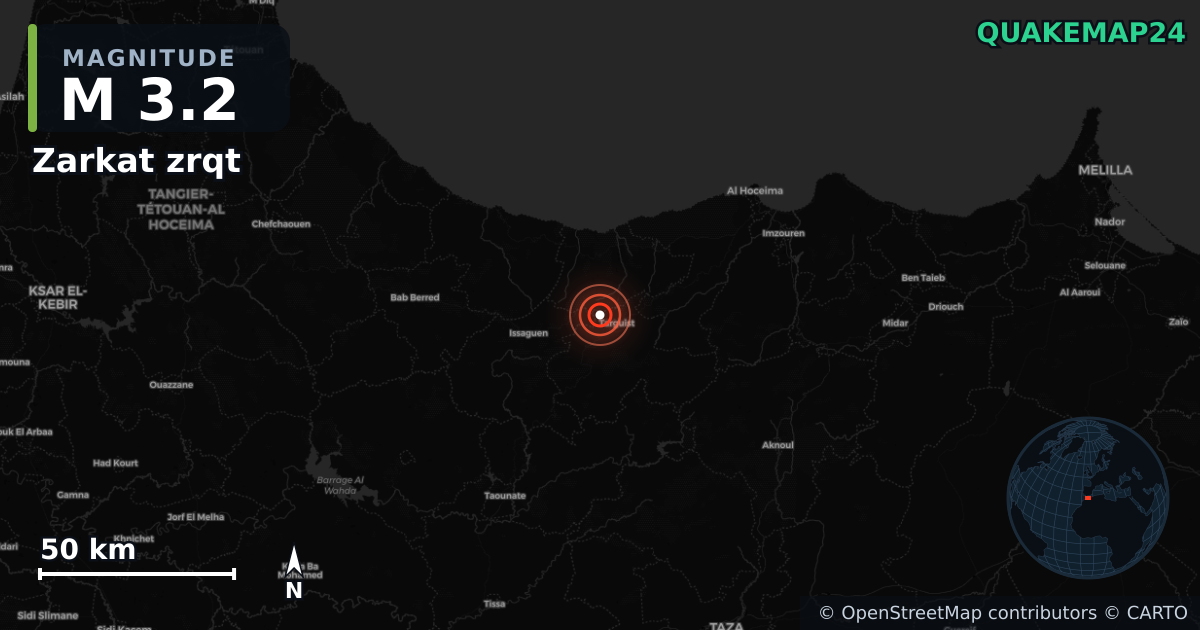 M3.2 earthquake near Zarkat zrqt on Sep 21, 2025 — map of epicenter and shaking intensity | QuakeMap24