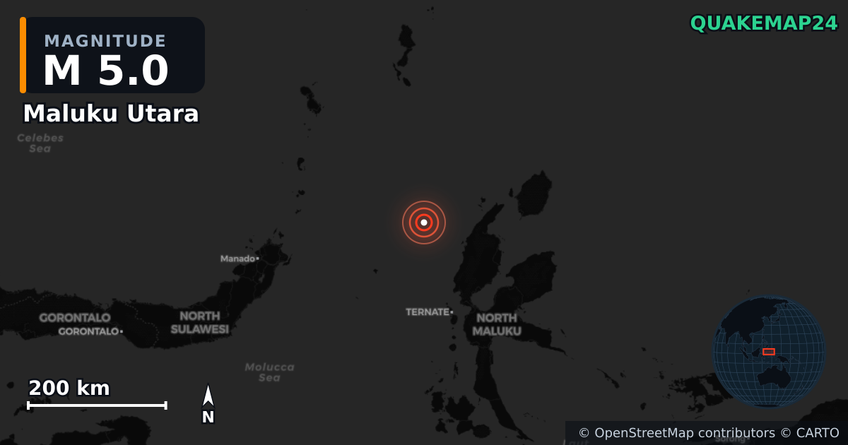 M5.0 earthquake near Maluku Utara on Jul 25, 2025 — map of epicenter and shaking intensity | QuakeMap24