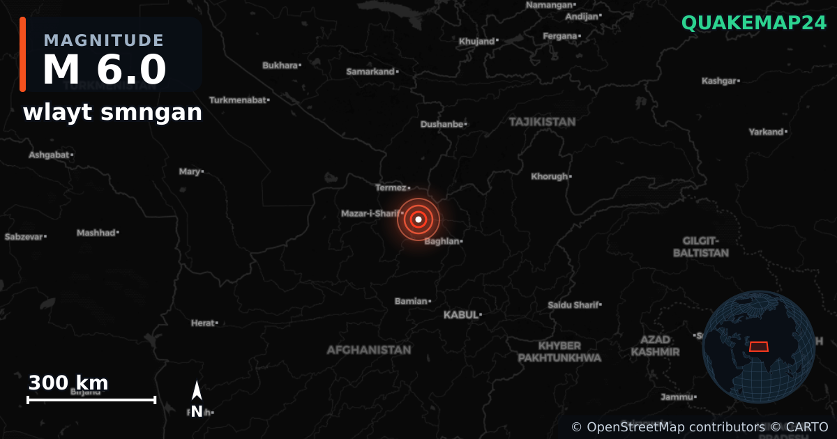 M6.0 earthquake near wlayt smngan on Nov 2, 2025 — map of epicenter and shaking intensity | QuakeMap24