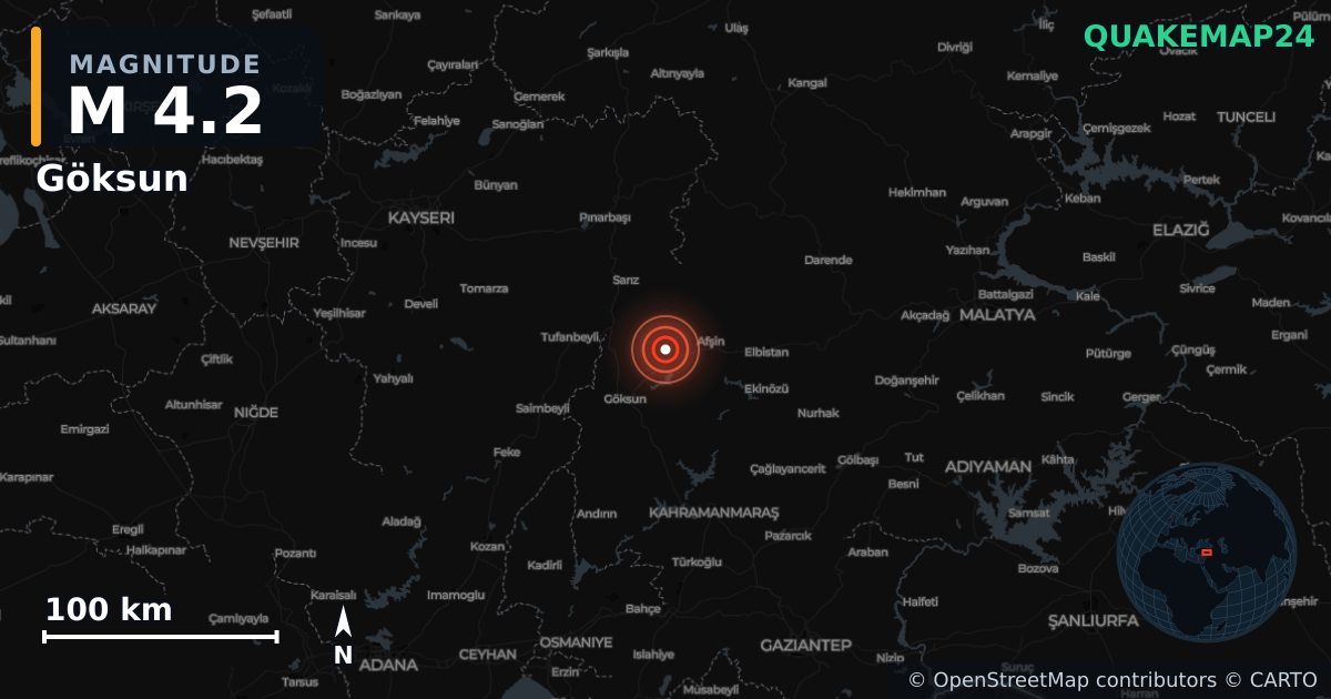 Terremoto de M4,2 cerca de Göksun (Turquía) · 2025-12-19 — Mapa de la ubicación del epicentro