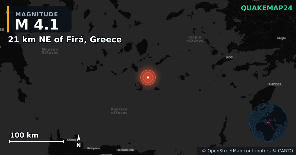 M4.1 earthquake near 21 km NE of Firá, Greece on Feb 4, 2025 — map of epicenter and shaking intensity | QuakeMap24