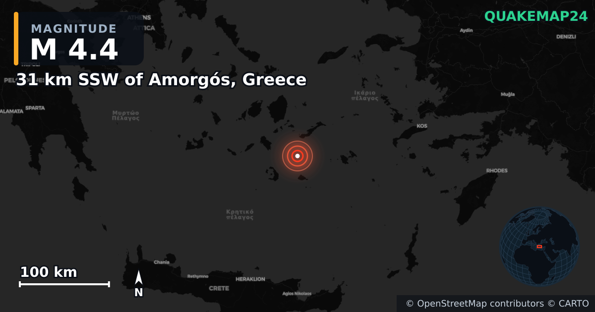 M4.4 earthquake near 31 km SSW of Amorgós, Greece on Feb 4, 2025 — map of epicenter and shaking intensity | QuakeMap24