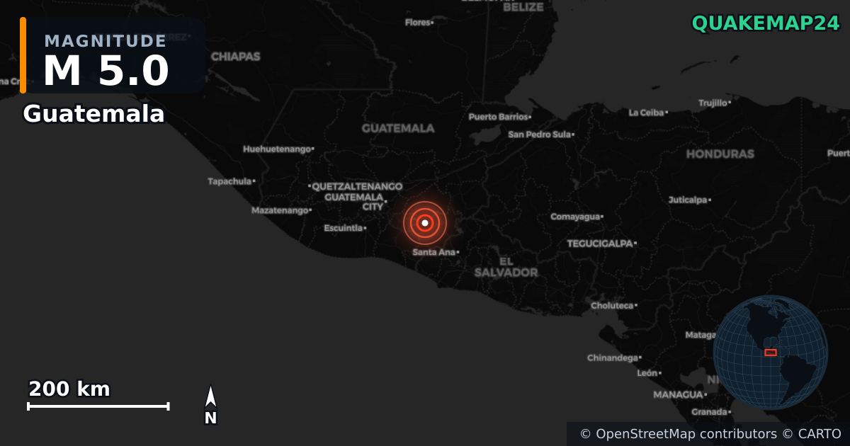 Erdbeben M5,0 bei Guatemala — Karte der Lage des Epizentrums