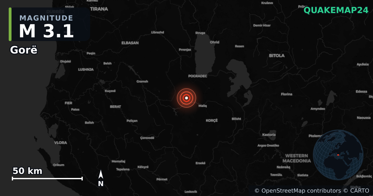 M3.1 earthquake near Gorë on Feb 5, 2026 — map of epicenter and shaking intensity | QuakeMap24