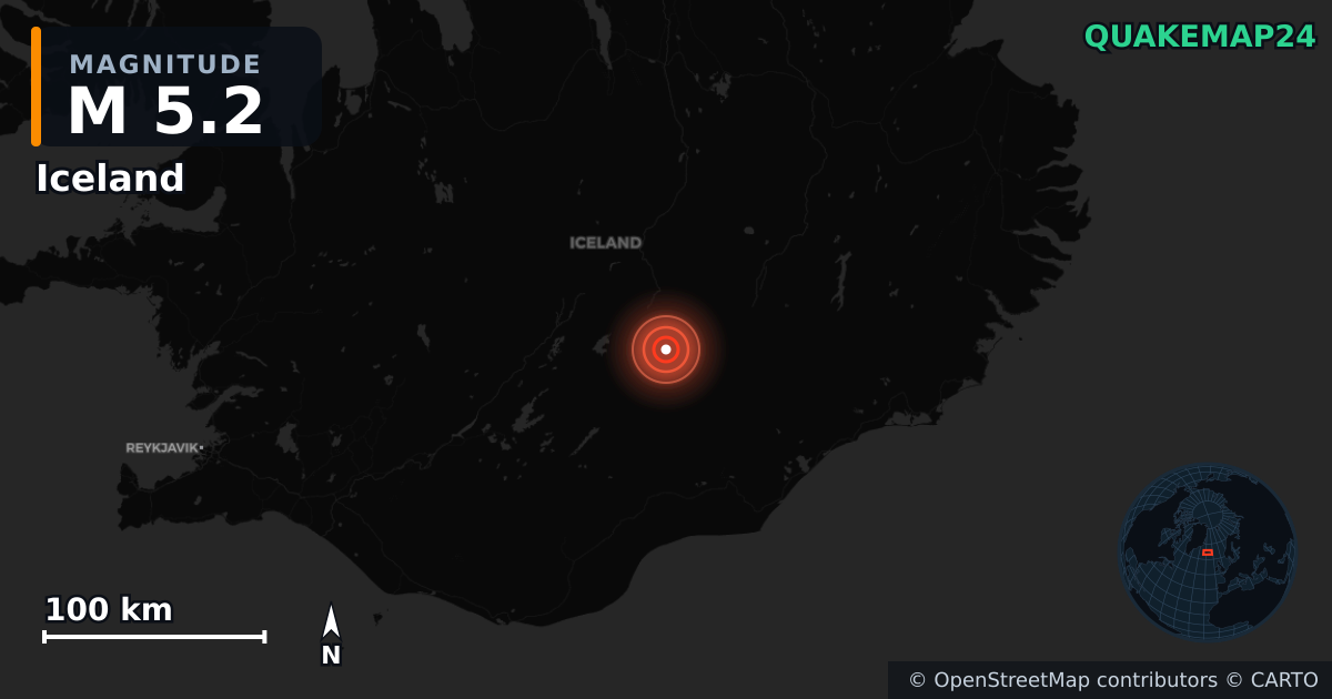 M5.2 earthquake near Iceland on Jul 27, 2025 — map of epicenter and shaking intensity | QuakeMap24