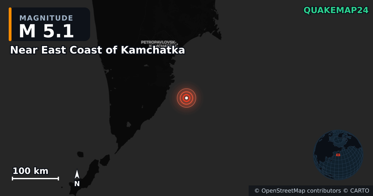 M5.1 earthquake near Near East Coast of Kamchatka on Jul 30, 2025 — map of epicenter and shaking intensity | QuakeMap24